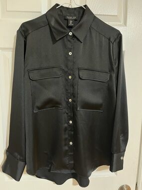 Rachel Zoe Black Satin Utility Pocket Button-Up Shirt new without a tag